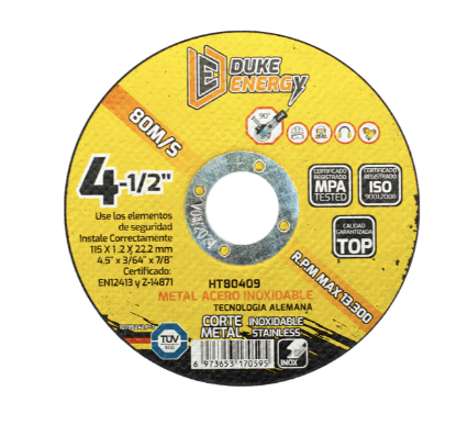 DISCO 4 1/2 CORTE METAL ACERO INOX 2 EN 1 DUKE ENERGY TECNOLOGIA ALEMANA (HT80409)