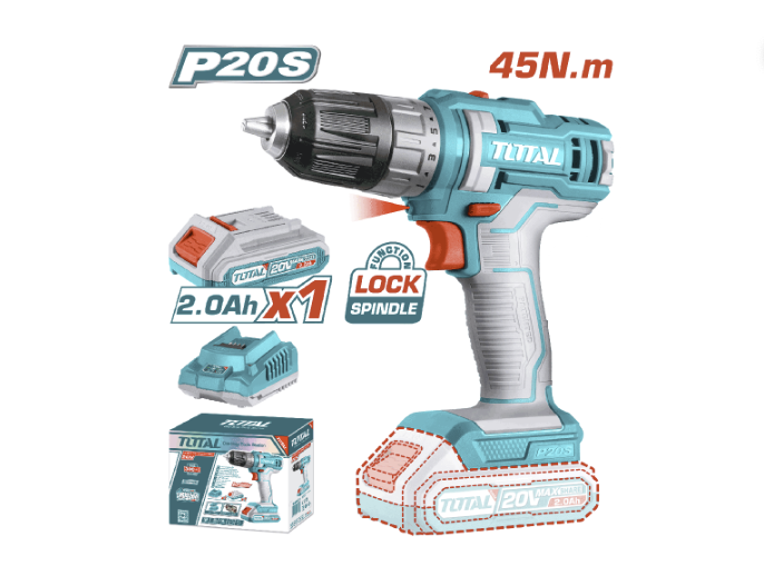 TALADRO INALAMBRICO 1/32/3/8" 20V INCLUYE 1 BATERIA 2.0Ah Y 1CARGADOR INDUSTRIAL TOTAL(UTDLI200518)