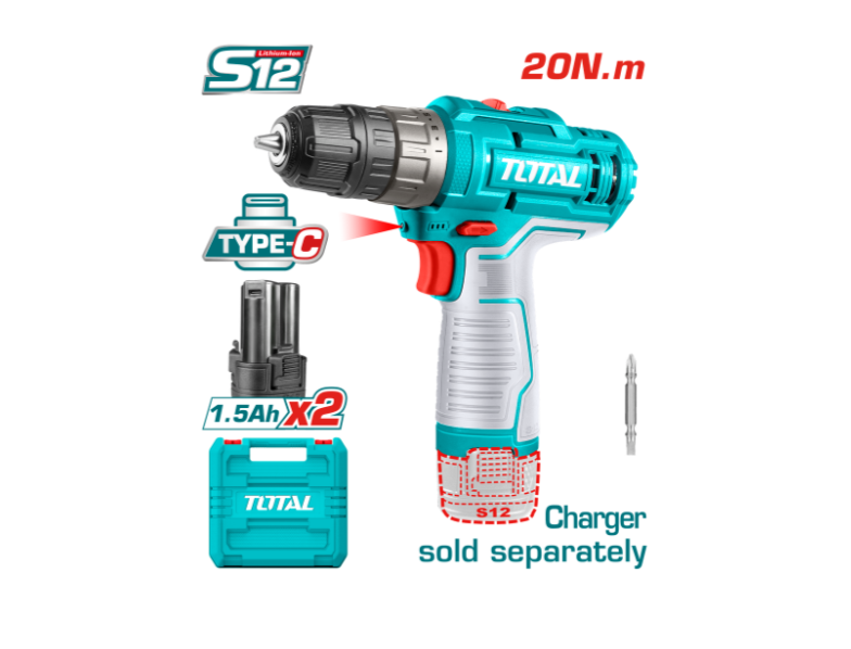 TALADRO INALAMBRICO 3/8 12V INCLUYE DOS BATERIA ION DE LITIO CARGADOR NO INCLUIDO TOTAL (TDLI12202)