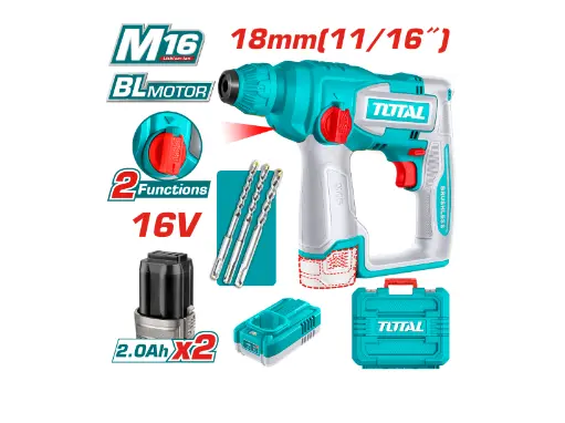 TALADRO INALAMBRICO ROTOMARTILLO SDS PLUS 11/16" 16V + 3 BROCAS INCLUYE 2 BATERIAS (2.0AH) Y 1 CARGADOR INDUSTRIAL SUPER TOTAL (UTRHLI16168)