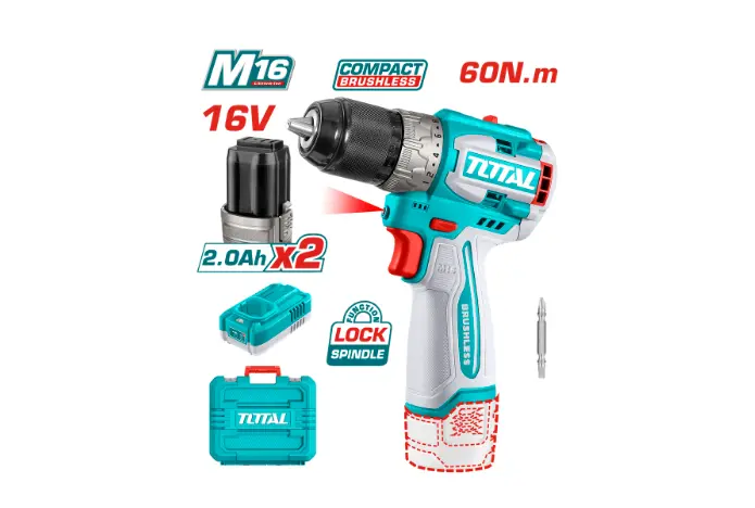 TALADRO INALAMBRICO 1/2 16V 60NM INCLUYE 2 BATERIAS 2,0AH Y CARGODOR INDUSTRIAL SUPER TOTAL (UTDLI16682)