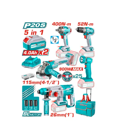 COMBO INALAMBRICO 20V TALADRO 3/8" 52NM + PISTOLA DE IMPACTO 1/2" 400NM + TALADRO ROTOMARTILLO 2,5 JULES + PULIDORA 4 1/2" + LINTERNA INCLUYE 2 BATERIA 20V(4.0AH) INCLUYE 25 DISCOS DE CORTE Y ACCESORIOS INDUSTRIAL SUPER TOTAL (UTCKLI2058) 