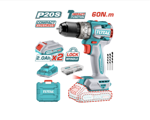 [20396] TALADRO DE IMPACTO INALAMBRICO 1/2 20V INCLUYE 2 BATERIA DE 2.0AH, CARGADOR,47 ACCESORIOS,3 BROCAS CONCRETO TOTAL (UTIDLI20602)
