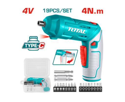 [20301] ATORNILLADOR INALAMBRICO 4V ESTUCHE PLASTICO + 16 PUNTAS TALADRO DE 25MM, 2 DE 50MM SUPER TOTAL (TSDLI0442)