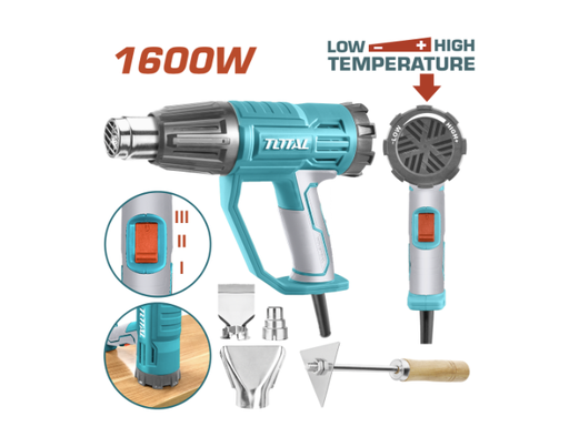 [20386] PISTOLA CALOR CON TEMPERATURA AJUSTABLE 1600W INCLUYE 3 BOQUILLAS Y 1 RASCADOR INDUSTRIAL TOTAL (UTB16045)