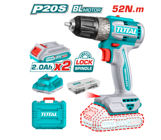 [20550] TALADRO INALAMBRICO 1/32 3/8" 20V 52NM INCLUYE 2 BATERIA DE 2.0AH, CARGADOR,47 ACCESORIOS TOTAL (UTDLI20453)