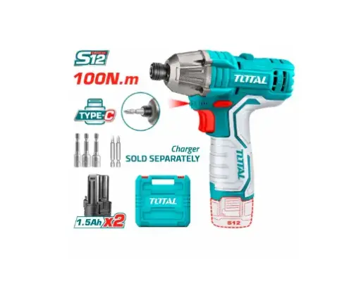 [20557] ATORNILLADOR DE IMPACTO INALAMBRICO 1/4 12V 100NM INCLUYE 2 BATERIAS, 2 PUNTA TALADRO Y 3 COPAS CAJA PLASTICA SUPER TOTAL (TIRLI12015)