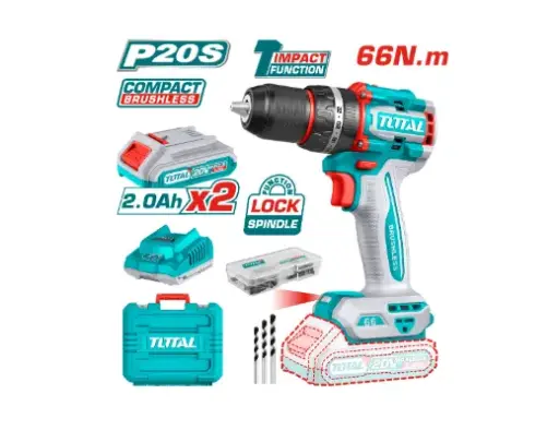 [21029] TALADRO INALAMBRICO PERCUTOR 1/2" 66N.M 20V CAJA PLASTICA INCLUYE 2 BATERIAS 20V, 1 CARGADOR Y ACCESORIOS INDUSTRIAL SUPER TOTAL (UTIDLI20668)