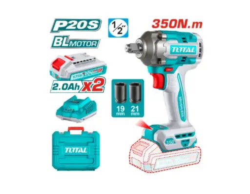 [21425] PISTOLA IMPACTO INALAMBRICO 1/2 20V 350NM INCLUYE 2 BATERIAS 1 CARGADOR Y 2 COPAS ,19,21 MM INDUSTRIAL SUPER TOTAL (UTIWLI2035)
