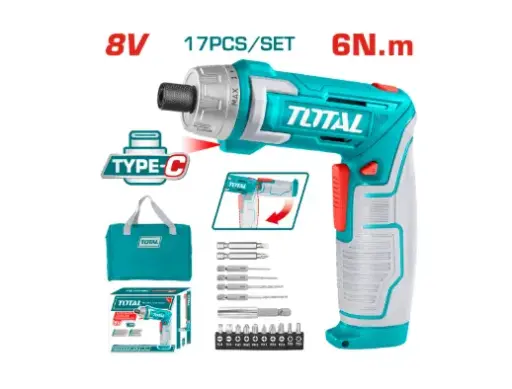 [20383] ATORNILLADOR INALAMBRICO 8V ESTUCHE PLASTICO + 17 PIEZAS TOTAL (TSDLI0802)