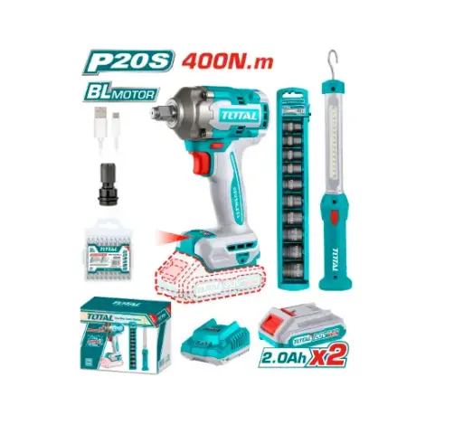 [20954] PISTOLA IMPACTO INALAMBRICA 1/2 20V 400 NM INCLUYE 2 BATERIAS 1 CARGADOR 1 LAMPARA DE TRABAJO 1 ADAPTADOR , COPAS Y 10 PUNTAS TALADRO SUPER TOTAL (UTOSLI23048)