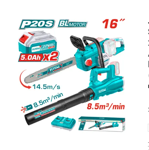 [21488] JUEGO DE MOTOSIERRA Y SOPLADORA INALAMBRICA 20V INCLUYE 2 BATERIAS 5,0 AH Y CARGADOR DOBLE INDUSTRIAL SUPER TOTAL (UTOSLI240463) 