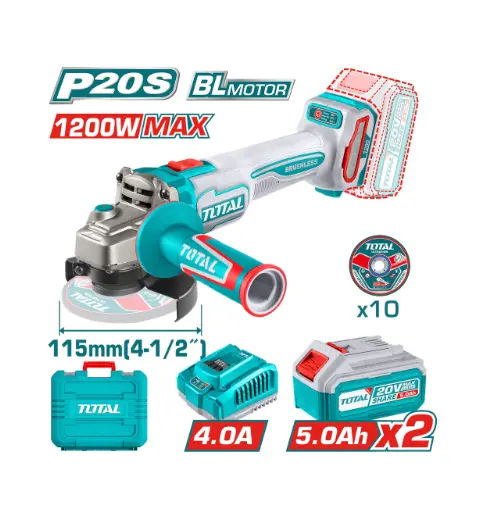 [21979] PULIDORA INALAMBRICA 4 1/2 INDUSTRIAL 20V 1200W INCLUYE 10 DISCOS PARA CORTE DE METAL 2 BATERIAS 5.0 AH Y CARGADOR , MOTOR SIN ESCOBILLAS INDUSTRIAL SUPER TOTAL (UTAGLI2211532) 