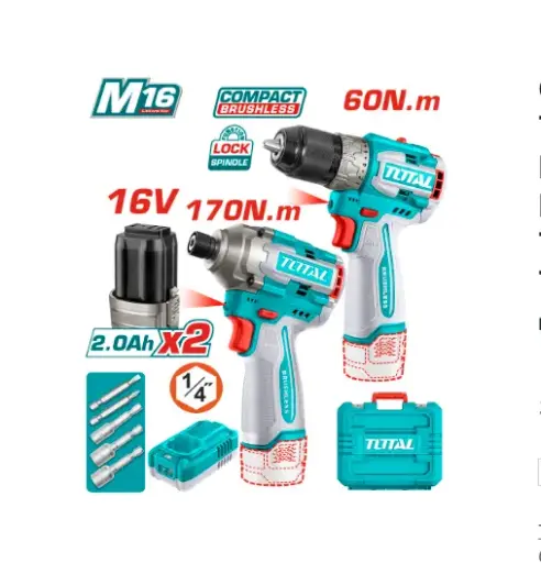 [21515] COMBO INALAMBRICO 16V TALADRO 1/2" 60NM + PISTOLA IMPACTO 170NM INCLUYE 2 BATERIAS, 1 CARGADOR COPA TORNILLO INDUSTRIAL SUPER TOTAL (UTOSLI240968) 