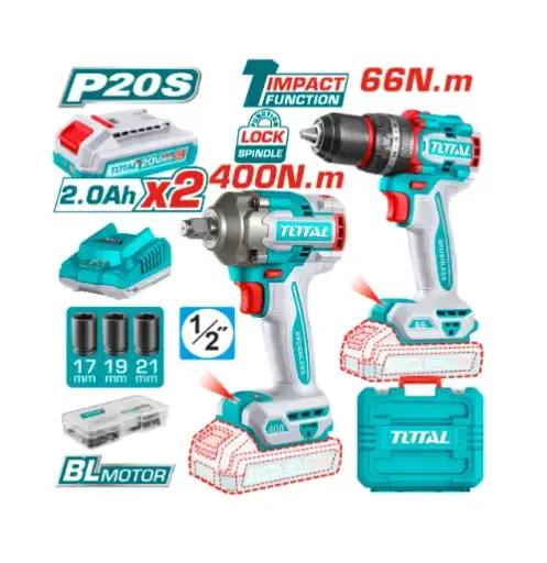 [21466] COMBO INALAMBRICO TALADRO 1/2" 66 N.M + PISTOLA DE IMPACTO 1/2" 20V 400 N.M INCLUYE 2 BATERIA 2.0AH , 1 CARGADOR Y ACCESORIOS SUPER TOTAL (UTCKLI20275) 