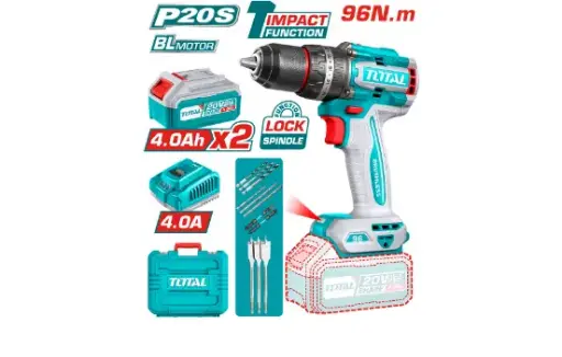 [21904] TALADRO INALAMBRICO PERCUTOR 1/2" 96N.M 20V CAJA PLASTICA INCLUYE 2 BATERIAS 20V (4.0 AH), 1 CARGADOR Y ACCESORIOS INDUSTRIAL SUPER TOTAL (UTIDLI20968)