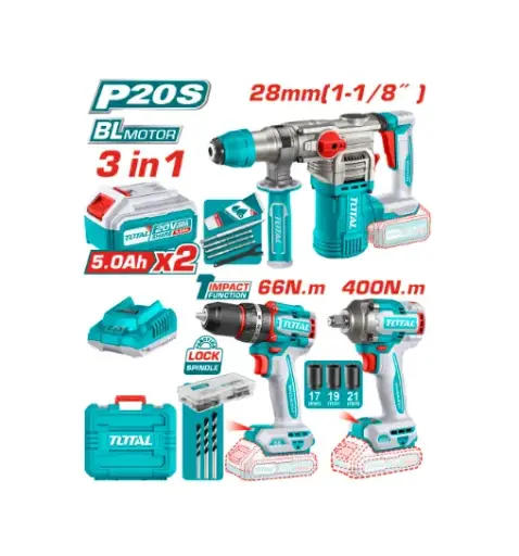 [21520] COMBO INALAMBRICO 20V TALADRO ATORNILLADOR 1/2" 66 N.M + PISTOLA DE IMPACTO 1/2" 400 N.M + TALADRO ROTOMARTILLO SDS PLUS 4.5 JULES INCLUYE 2 BATERIA 5.0AH , 1 CARGADOR Y ACCESORIOS INDUSTRIAL SUPER TOTAL (UTCKLI20638) 