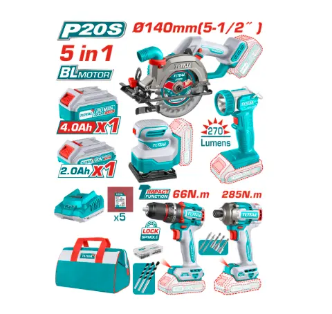 [22043] COMBO INALAMBRICO 20V SIERRA CIRCULAR INALAMBRICA 5-1/2 + TALADRO PERCUTOR ATORNILLADOR 1/2 20V 66 NM + ATORNILLADOR DE IMPACTO 1/4" 285 NM + LIJADORA DE PALMA 4 3/8"X 4" + LINTERNA 270 LUMENES + 1 BATERIA 4.0 AH + 1 1 BATERIA 2.0 AH + CARGADOR INCLUYE ACCESORIOS INDUSTRIAL SUPER TOTAL (UTOSLI241081) 