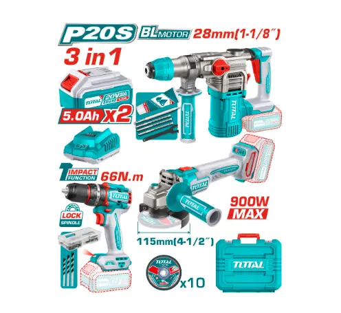 [21438] COMBO INALAMBRICO 20V X 3 PZS TALADRO ATORNILLADOR INALAMBRICO 1/2 66 NM + PULIDORA INALAMBRICA 4 1/2 + TALADRO ROTOMARTILLO SDS PLUS 4.5 JULES INLCUYE 2 BATERIAS 5.0AH , 1 CARGADOR , 10 DISCOS DE CORTE Y 47 ACCESORIOS INDUSTRIAL SUPER TOTAL (UTOSLI241183) 