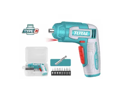 [22092] ATORNILLADOR INALAMBRICO 4V 4NM ESTUCHE PLASTICO + 8 PUNTAS TALADRO Y CONECTOR SUPER TOTAL (TSDLI0458)