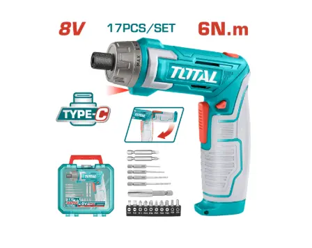 [20759] ATORNILLADOR INALAMBRICO 8V, 6N.M ESTUCHE PLASTICO + 17 PIEZAS TOTAL (TSDLI08025)